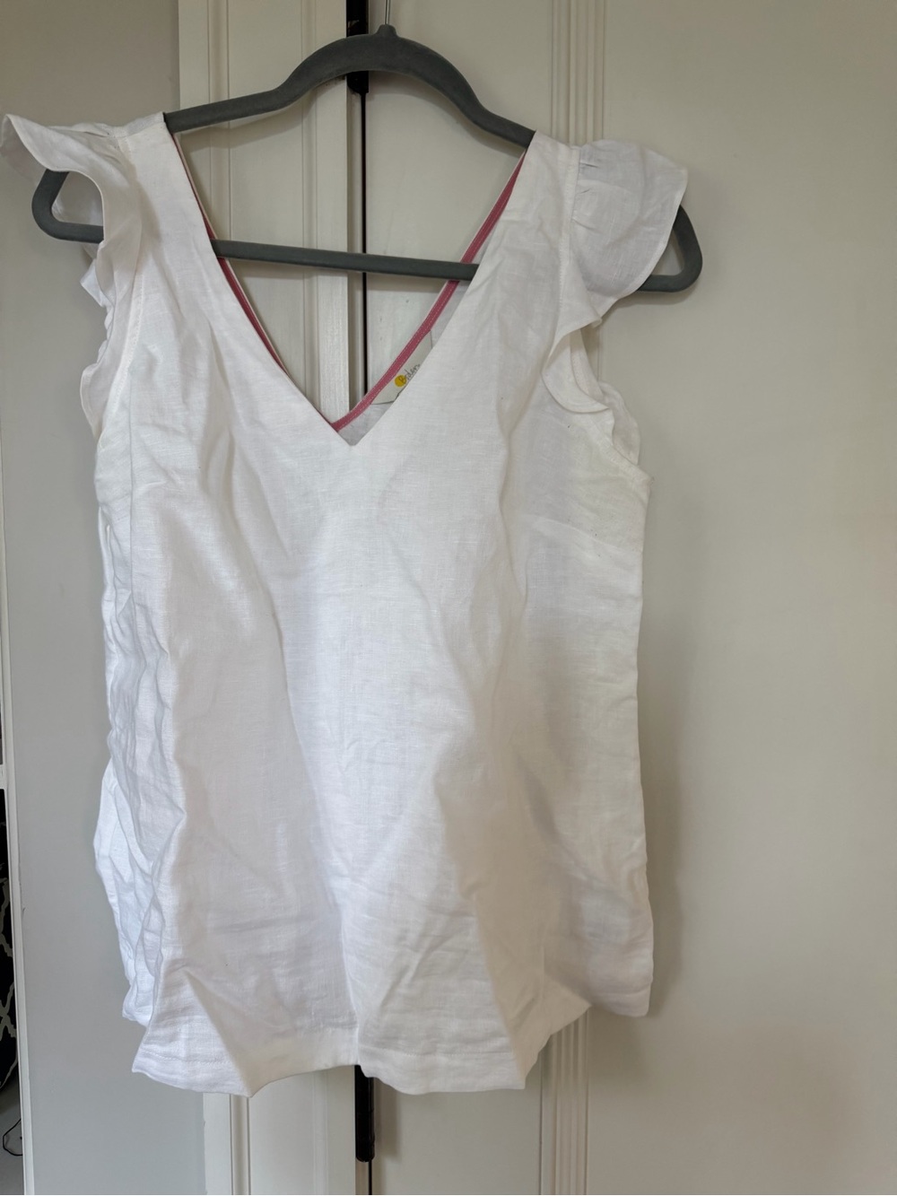 Boden White V-Neck Ruffle Sleeve Linen Top